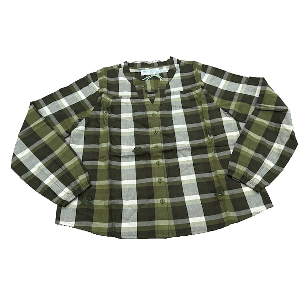 Aventura Womens Plaid Shirt Embroidered Floral Elastic Cuff Cowgirl Green Size M